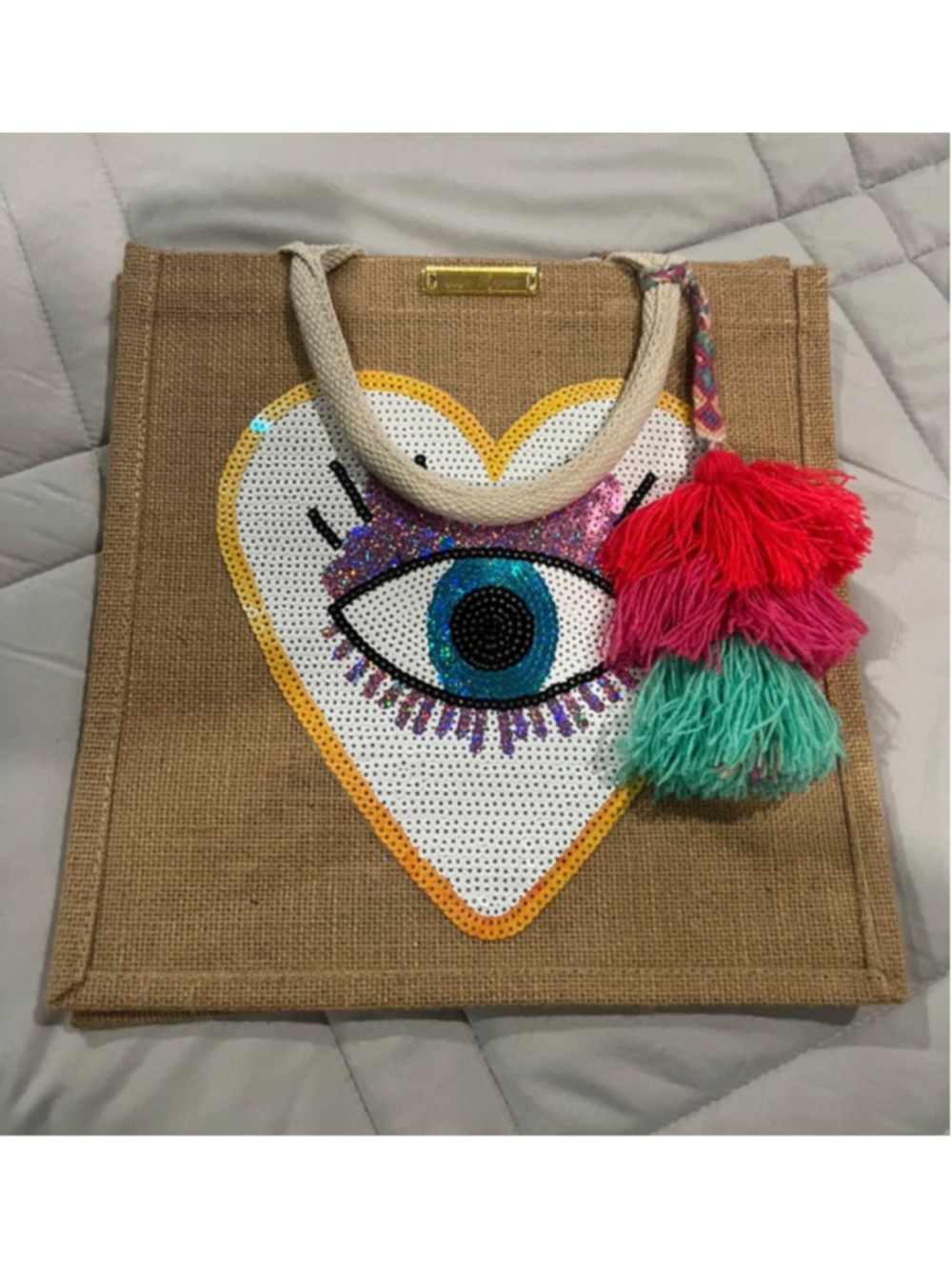 Evil Eye Jute Tote Bag Boho Beach Market Bag with Tassel 11.5x11.5x7.5 - Picture 5 of 5